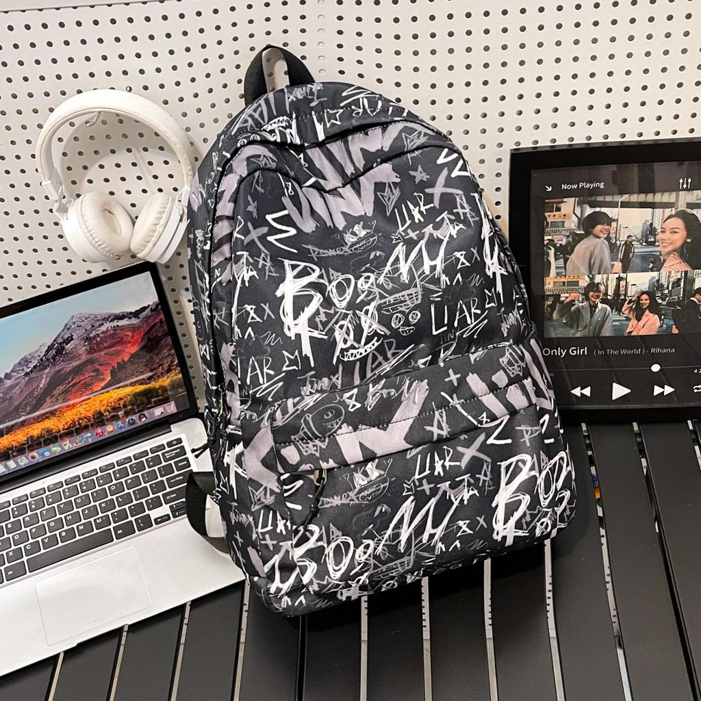 Schoolbag Backpack Men's 1 Trend Graffiti ins Large Capacity Fashion Printing Student Women's Backpack Waterproof and Wear-resistant White Ditch