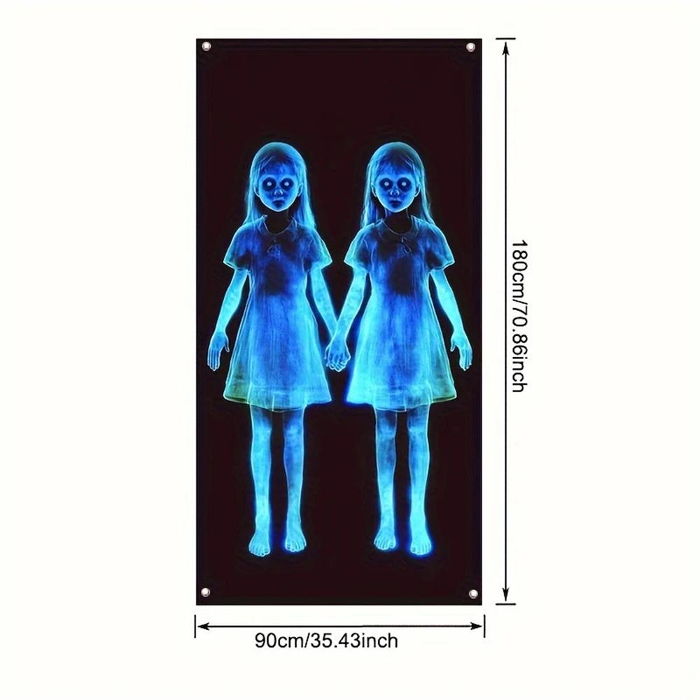 

2D Door Banner, Zombie Horror Gothic Halloween Door Banner 2D Flat Hanging Decor with Glowing Blue Ghosts,Spooky Entrance Decor синий