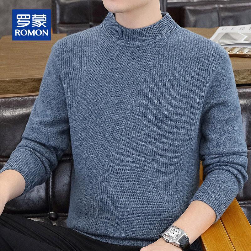 Romon Men's 100% Pure Wool Thickened Semi-High Neck Pullover Sweater