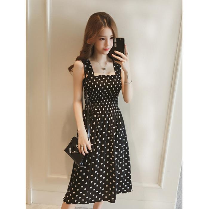 Women's Fashion Summer Spring Polka Dot Print Sleeveless Suspenders High Waist Casual Dresses