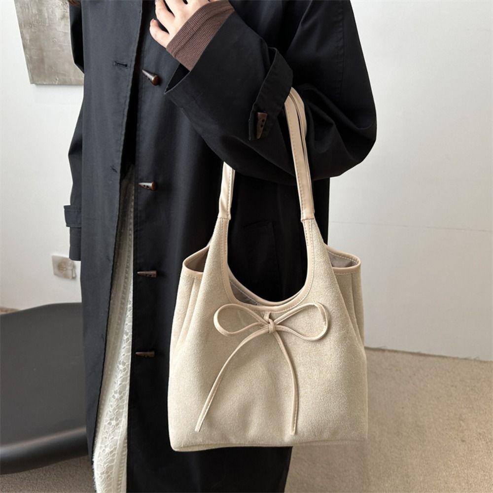 Elegant Bow Tie Shoulder Bag Bowknot Wool Tote Bag Simple Retro Underarm Bag  Women