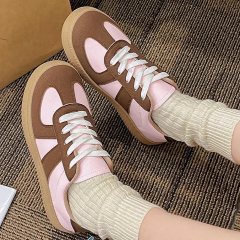 

Женская обувь 2024 года, горячая распродажа, женская обувь из вулканизированной стали со шнуровкой спереди, модная, подходящая по цвету, новая, круглая, удобная, повседневная обувь 40 розовый