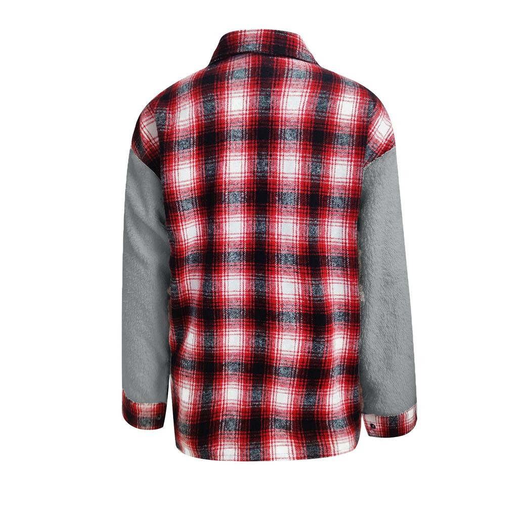 Women's Casual Fashion Lapel Single Breasted Contrast Plaid Plush Coat