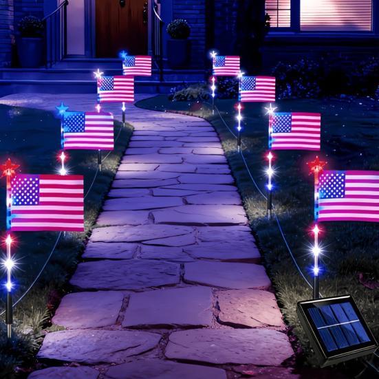 8Pcs Solar Stake Lights Waterproof Outdoor LED Pathway Lights with 8 Modes Red White Blue Solar Powered Garden Stakes Lights for Independence Day 4th