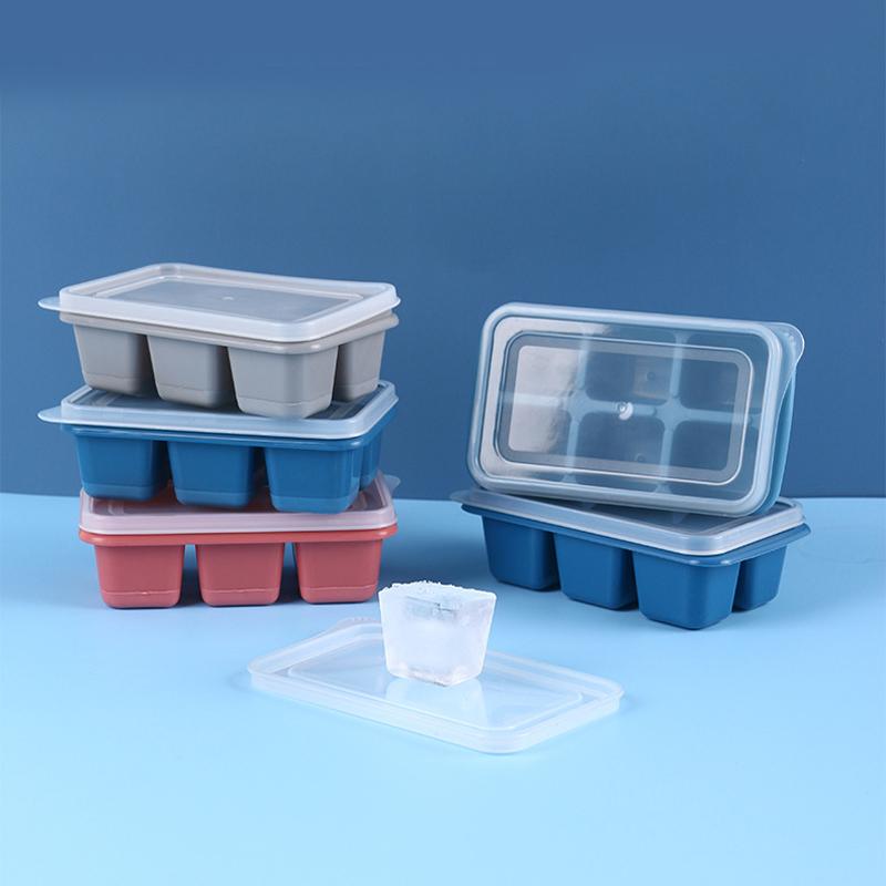 Ice Cube Tray with Lid Refrigerator Soft base Silicone Ice Mold Reusable 6 Grids Cube DIY Maker Kitchen Bar Tool Accessories