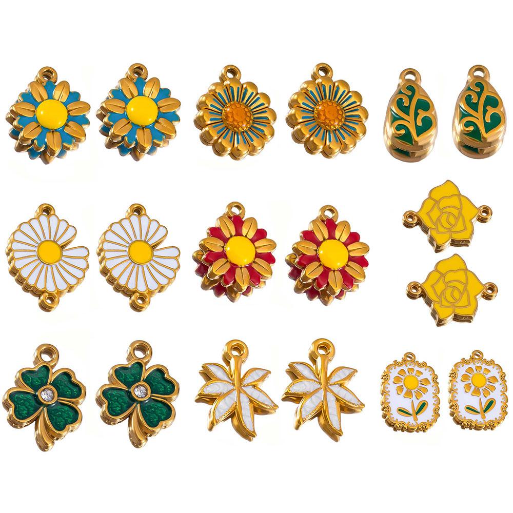 2pcs Stainless Steel Enamel Flower Charm Plant Sunflower Rose Daisy Necklace Bracelet Pendant Component DIY Craft Jewelry Making