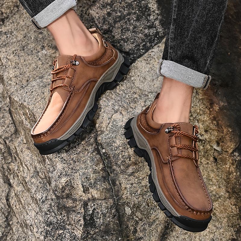Módní Outdoorové Kempingové Turistické Boty Pánské Kožené Šněrovací Ploché Horolezecké Boty s Tlustou Podrážkou Cestovní Chůze Pánské Boty Velká Velikost 40-50