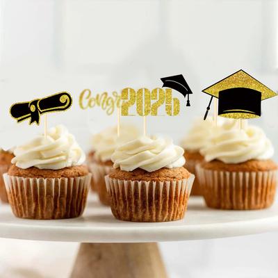 16pcs Glitter Graduation Cupcake Toppers Class of 2025 Congrats Grad Cap Diploma Cupcake Picks for Graduation Party Decorations