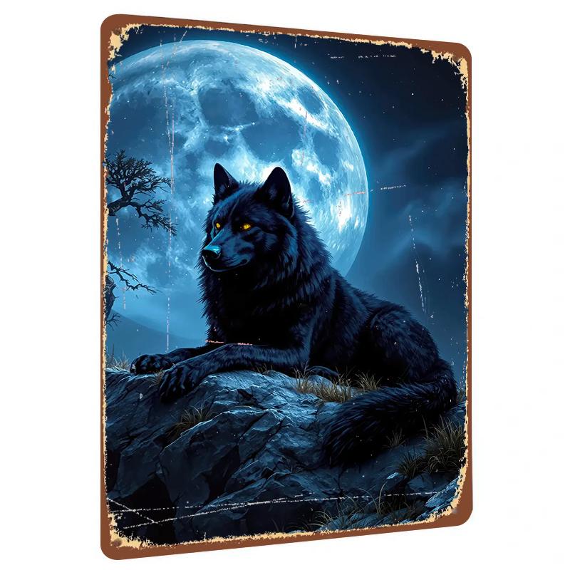 Moonlit Black Wolf Metal Wall Art Decorative Iron Painting for Living Room Home Decoration