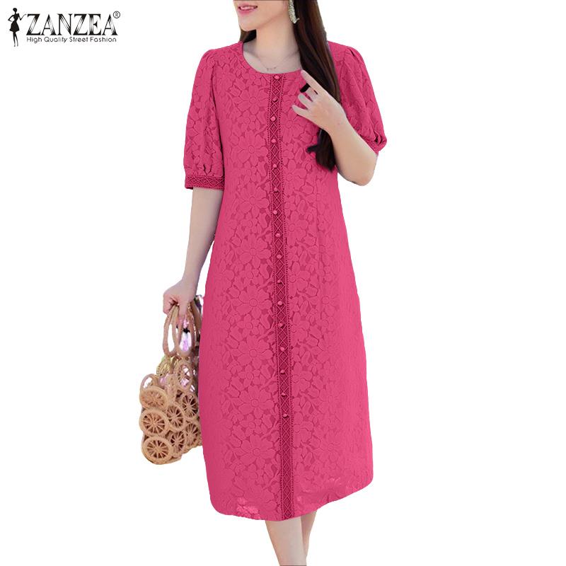 ZANZEA Women Casual Round Neck Loose Lace Patchwork Half Sleeve Dress