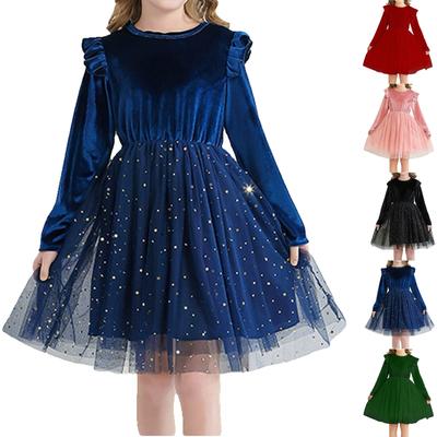 Kindermode Rüschen Langarm Himmel Mesh Kleid