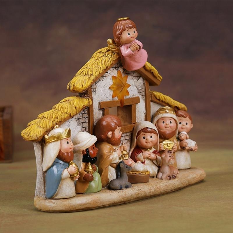 Celebratory Christmas Nativity Set Resin Figurines Nativity Scene with LED Accent Light for Home Office Decoration