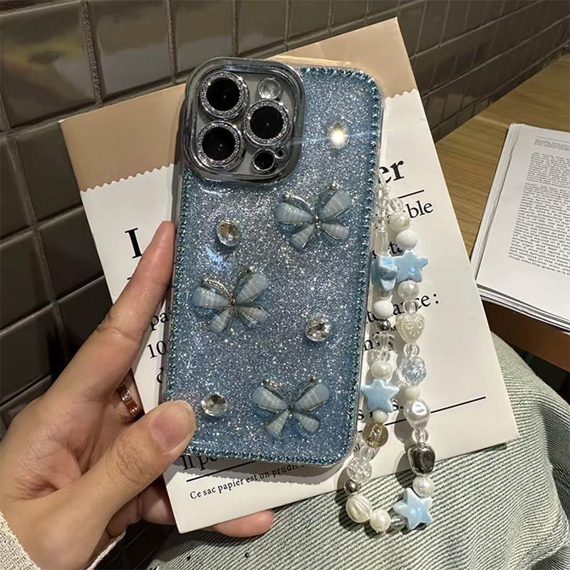 Glitter Glue Glue Rhinestone Bow Phone Case for Apple 17promax All-inclusive Anti-fall for IPhone 16 Female Model