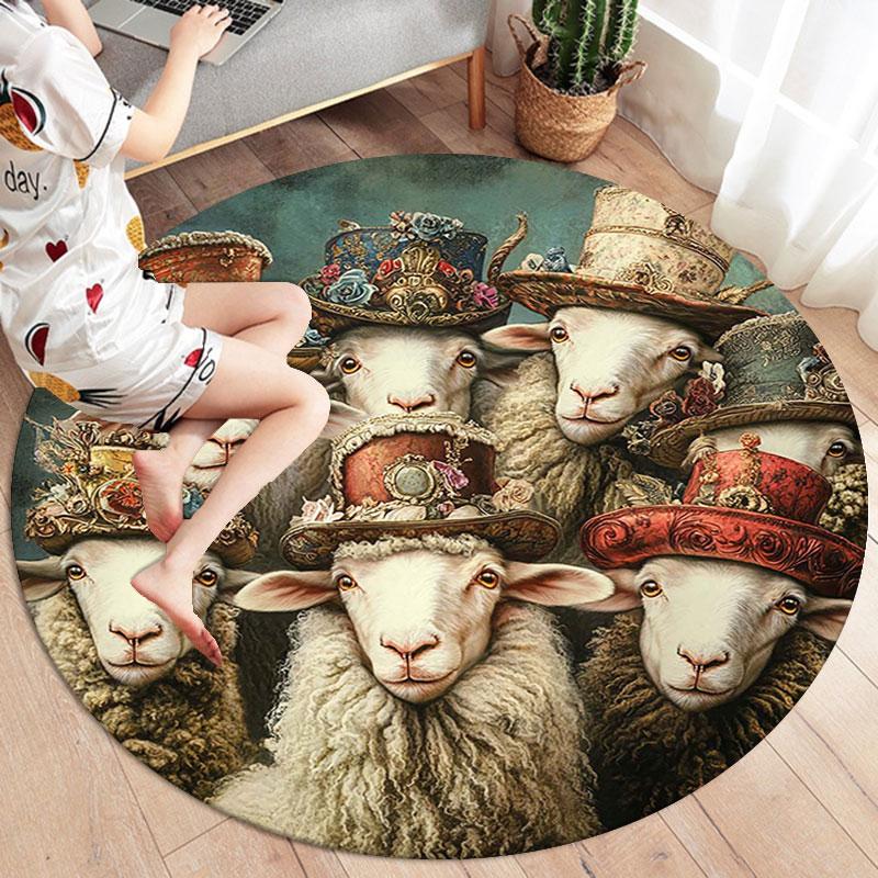 Cute animals with oil painting textureRound Area Rug,Carpet Rug for Living Room Bedroom Sofa Playroom Decor,Non-slip Floor Mat