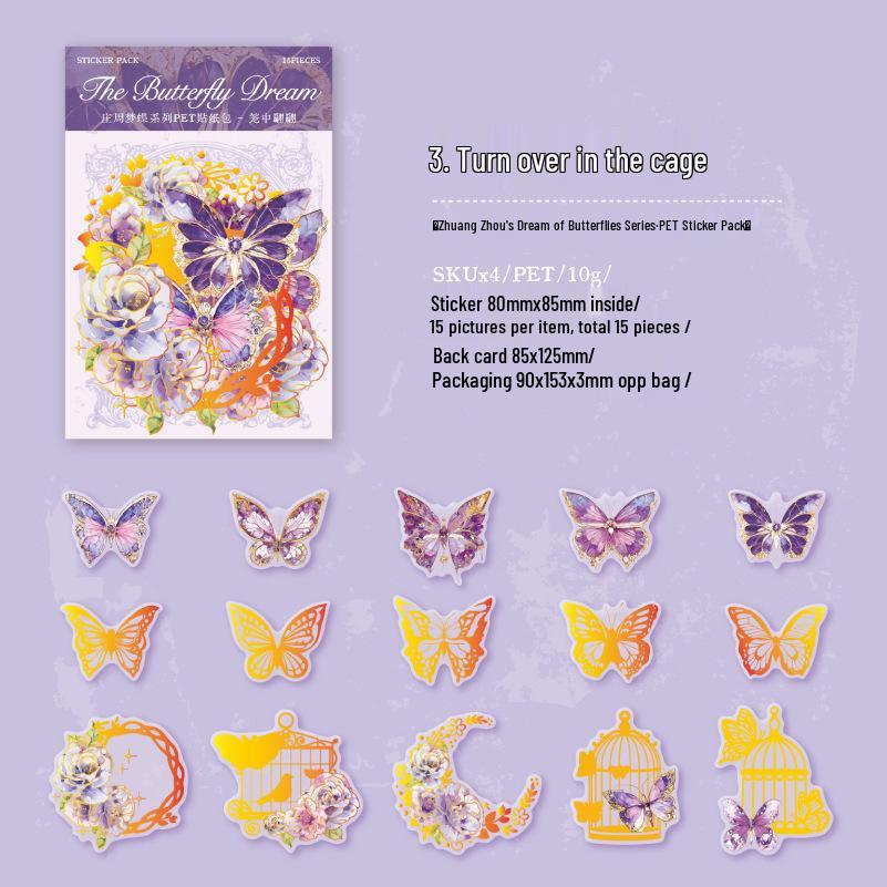 Yan Ji "Zhuang Zhou Dreams of Butterflies" Sticker Pack: 15 Sheets, 4 Styles, Perfect for Journals and Collages.