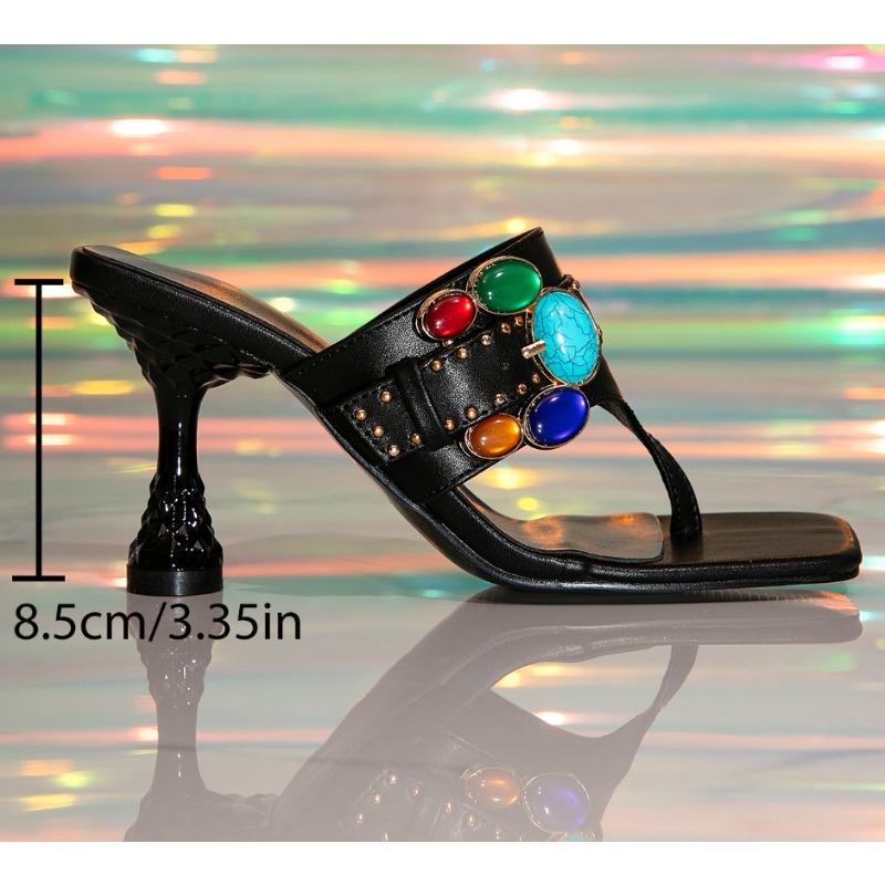 New Women's Gemstone Sexy and Wine Glasses and Luxury Square-toed High-heeled Sandals for Women's Slippers Zapatos Mujer