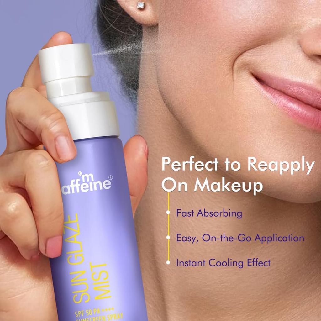 mCaffeine Sun Glaze Mist SPF 50 PA++++ Face Sunscreen Spray 100 ml Lightweight No White Cast Quick Reapply Over Makeup