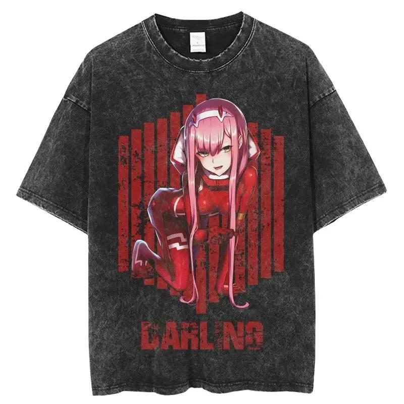 

Zero Two Darling in The Franxx Vintage Acid Washed Anime T-Shirt Vaporwave Aesthetic Black Oversized Unisex Streetwear Fan Tee XXXL