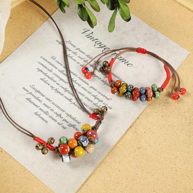 Original Retro Woven Ceramic Necklace Flower Glaze Pomegranate Fruit Bell Bracelet Versatile Accessories Women