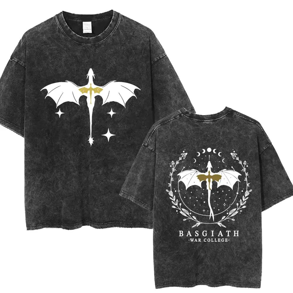 Limted Basgiath War College Washed Tshirts Fourth Wing Dragon Rider Men Women T Shirt Trendy Retro Loose Cotton Tees Streetwear