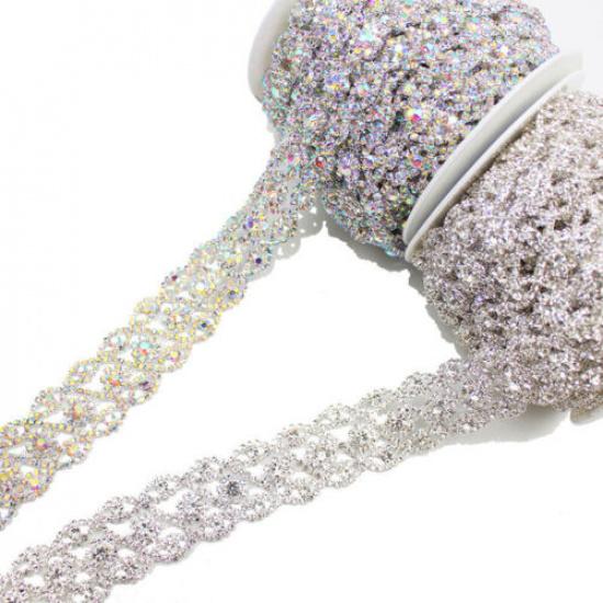 3cm Wide Rhinestone Ribbon Trim Flower Applique Crystal Beaded Trimming Diamante