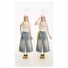 Women's High Waisted Star Print Cropped Jeans Loose Wide Leg Retro Washed Denim Culottes
