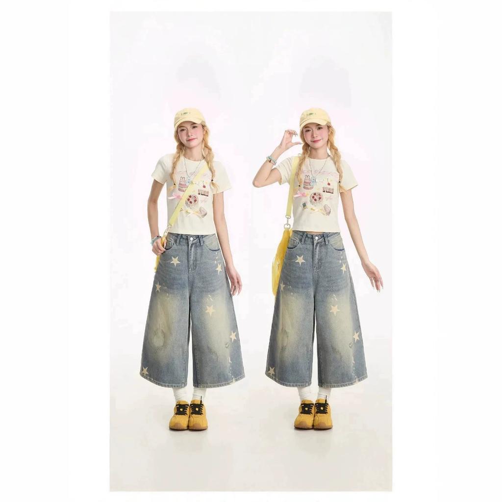 Women's High Waisted Star Print Cropped Jeans Loose Wide Leg Retro Washed Denim Culottes