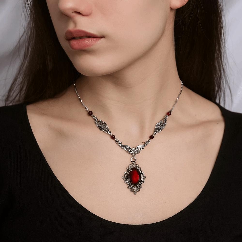 Retro Red Quartz Gothic Necklace Oval Pendant Red Beads Vintage Choker Embossed Pattern Charm Necklace Gifts