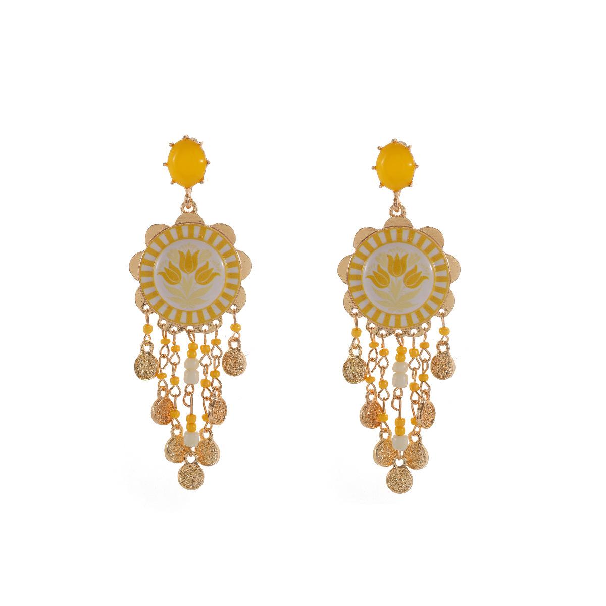 Exaggerated bead handmade woven tassel multi-layer earrings, vintage flower bohemian style earrings