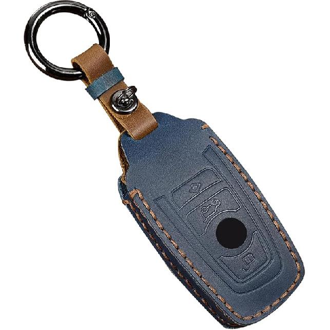 OLLEN  Leather No Screws Key Fob Cover Fit for BMW 5 6 7 Series X1 X2 X3 X5 X6 GT Series etc, Blade Shape, Brown