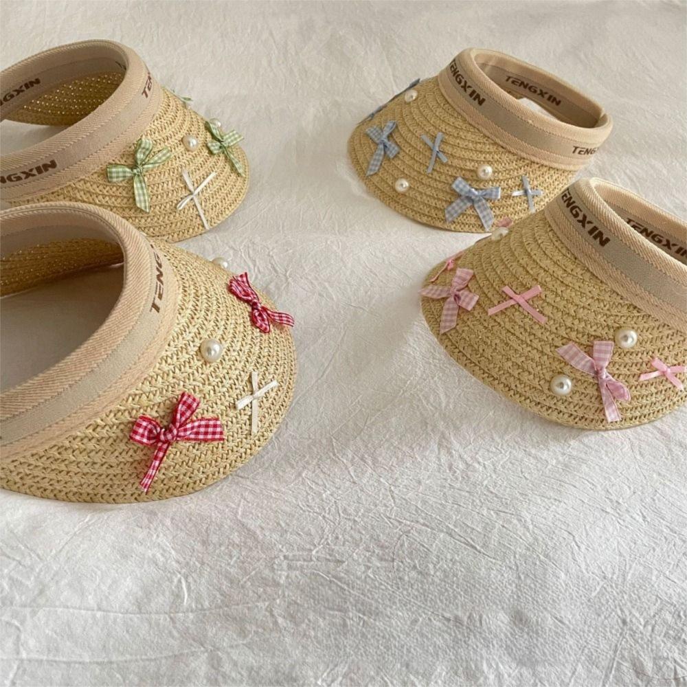 Bowknot Large Brim Sun Visor Cap Wide Brim Empty Top Baseball Cap Kids Summer Straw Hat  Beach