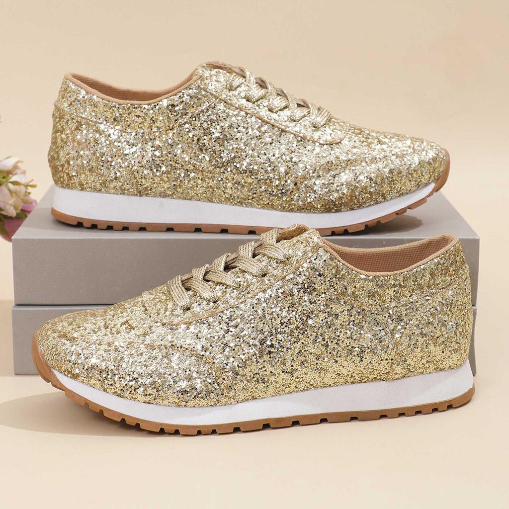 2025 Women's Plus Size Sequined Lace-up Casual Sport Shoes