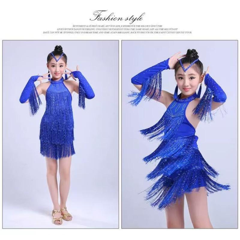 Girls Latin Dance Dress With Sequins Fringe Competition Performance Sweet Style
