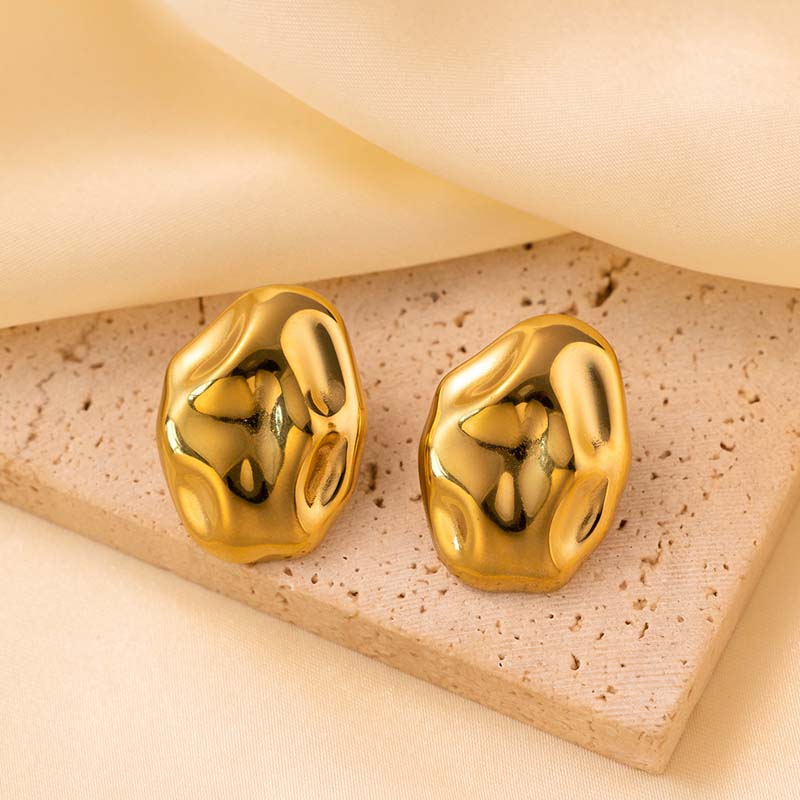 Vintage Gold Color Irregular Hammered Stud Earrings for Women Minimalist Metal Geometric Chunky Earrings Zircon Gift