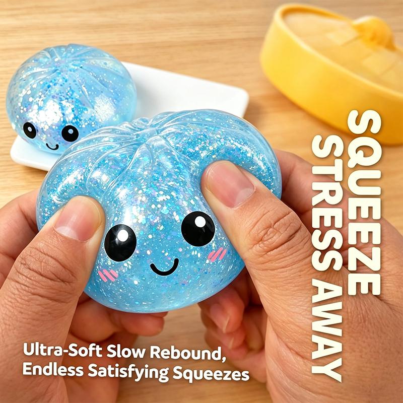 Glitter Dumpling Squishy Toy Simulation Food Sensory Squeeze Ball Stress Relief Slow Rebound Blind Box With Steamer Box Gift