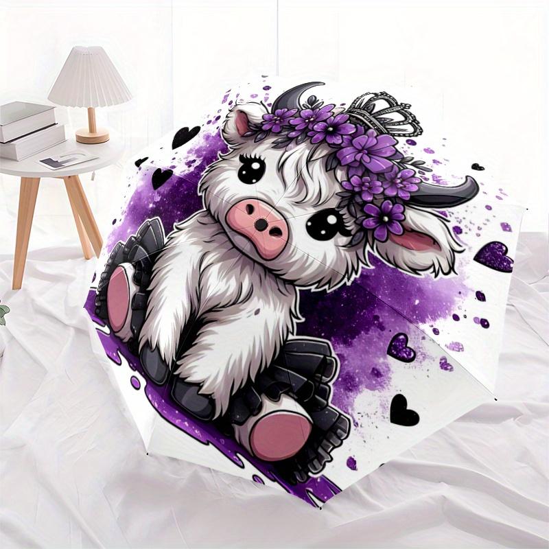 1pc Purple Crown Cow Automatic Open/CloseFashion Umbrella-CuteUmbrella with Cute Design, Portable 3-Fold Compact Umbrella for Men & Women, Valentine's