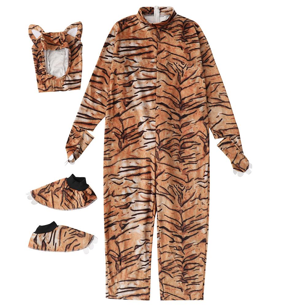 Kids Boys Girls Animals Tiger Leopard Jumpsuit Hat Set Halloween Role Play Dress Up Cosplay Costume