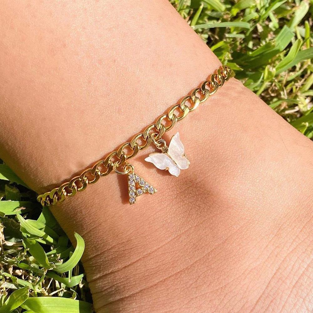 Stainless Steel Initial A-Z Letter Anklets For Women Girl Butterfly Trend Leg Chain Waterproof Jewelry Gift Party