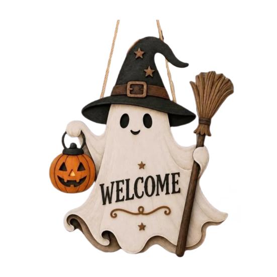 Cute Halloween Hanging Wooden Door Sign, Ghost Welcome Ornament with Witch Wall Decor Hat Pumpkin Lantern Design, Holiday for Front Porch Entryway