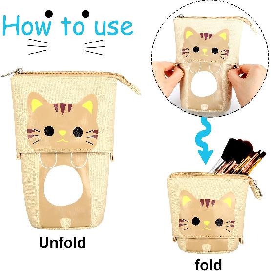 Zonon 4 Pieces Standing Pencil Case Cat Print Telescopic Pencil Case Telescopic Pencil Pouch Holder Canvas PU Cartoon Organizer Portable Pencil Bag