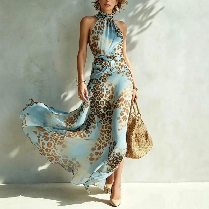 2026 European and American summer new sleeveless casual neck sexy leopard print dress S