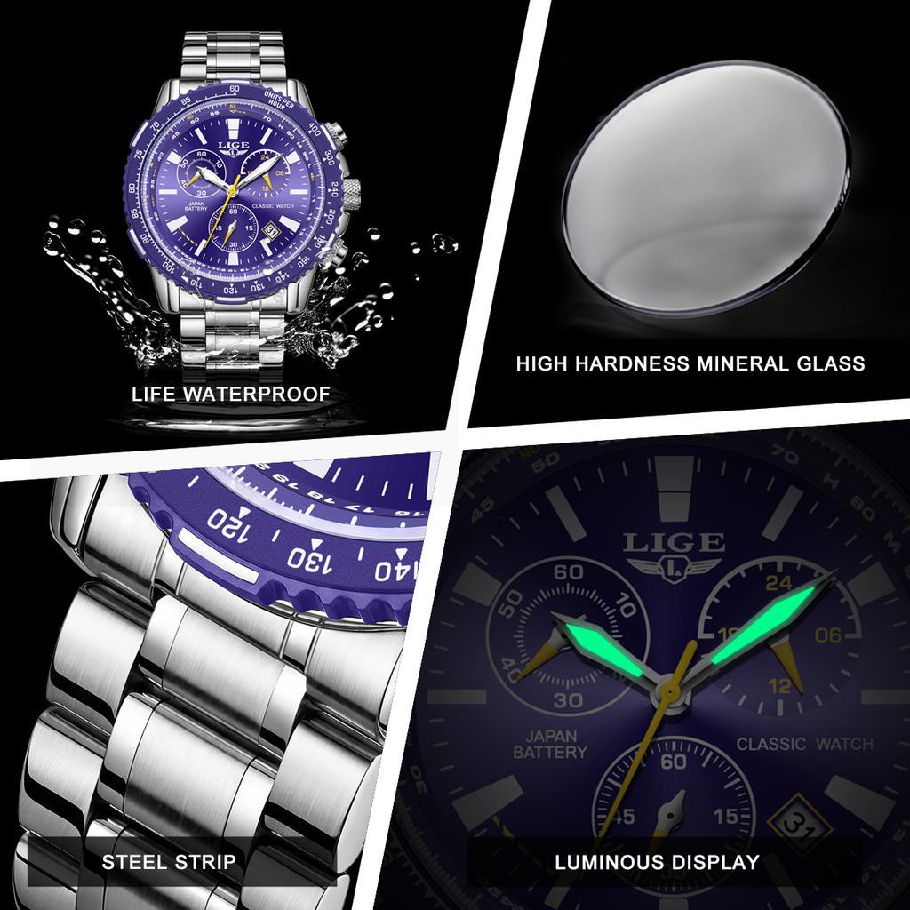 LIGE Men Wristwatch Business Luminous Calendar Chronograph Waterproof Fashion Quartz Clock Men Sports Watches Reloj Homme