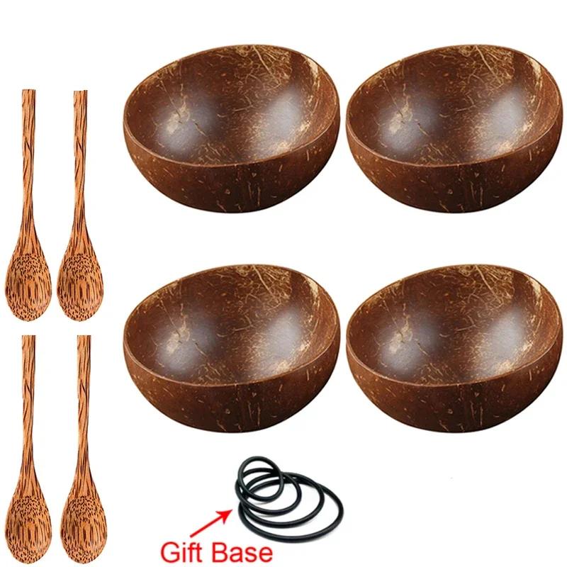 12-15cm  Natural Coconut Bowl Set Wooden Salad Ramen Bowl Coconut Wood Spoon Set Coco Smoothie Kitchen Tableware Coconut Bowl