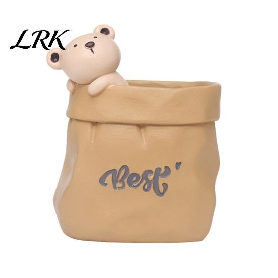 Stationery Storage Wrinkled Paper Bag Pen Holder with Animal Decor, Resin Desk Multifunctional Cup Organizer & Succulents Planter, Cute Gift