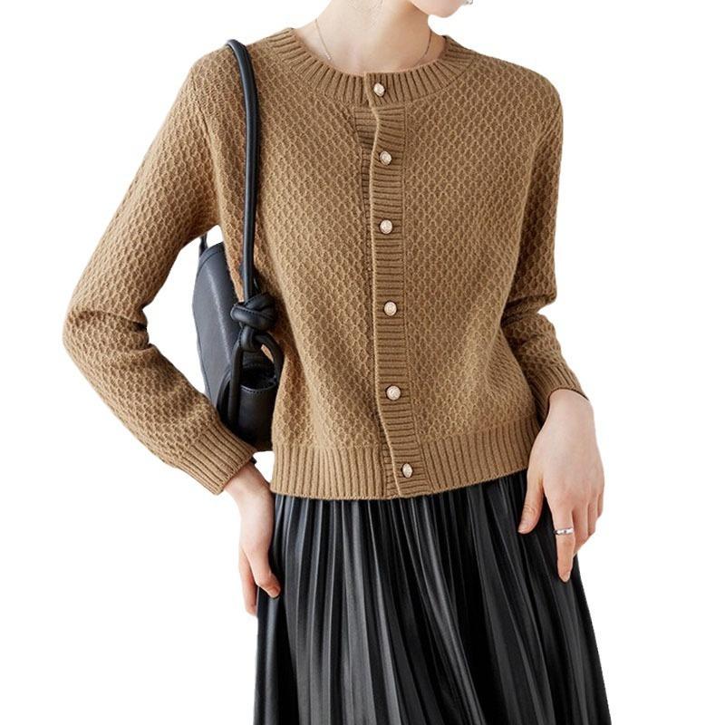 Knitted cardigan women's autumn new texture short outer soft waxy sweater high-end coat solid color versatile