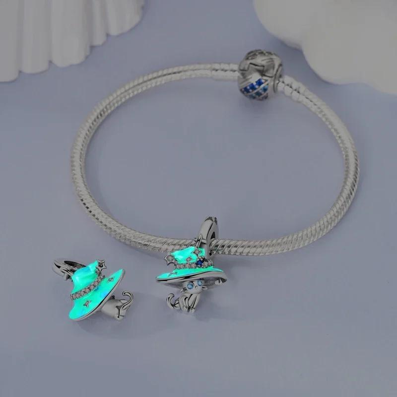 Glowing Witch Moon Magic Hat Cat Bead Charms Charm Bead Charms Authentic Copper for Bracelets Ladys Gift Jewellery Bag Charm Pendant Diy