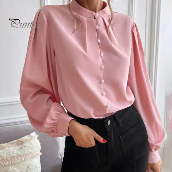 Women Shirt Stand Collar Lantern Long Sleeve Single Breasted Shirt Tops Solid Color Loose Fit Casual Shirt