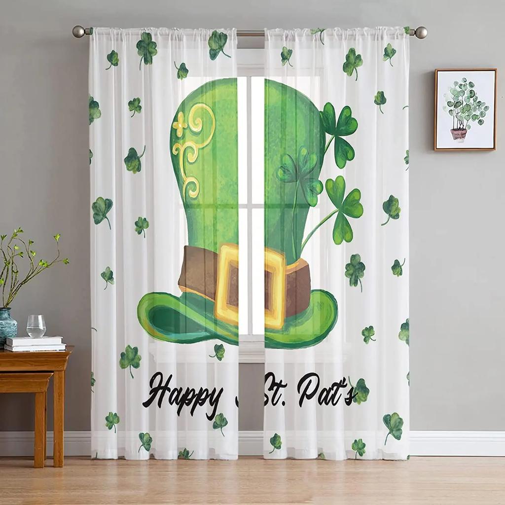 St Patrick Day Curtains Shamrocks Gold Beer Hat Voile Curtain Green Lucky Leaves Window Drapes Bedroom Living Room Sheer For Area Made Of Polyester