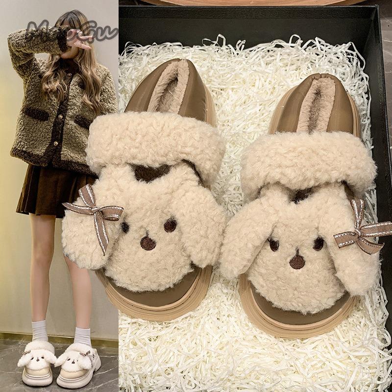 Fashion Cute Short Plush Cartoon Puppy Indoor Slippers Women Winter Warm Faux Fur Cotton Slides Comfortable Thick Bottom Bedroom Slipper