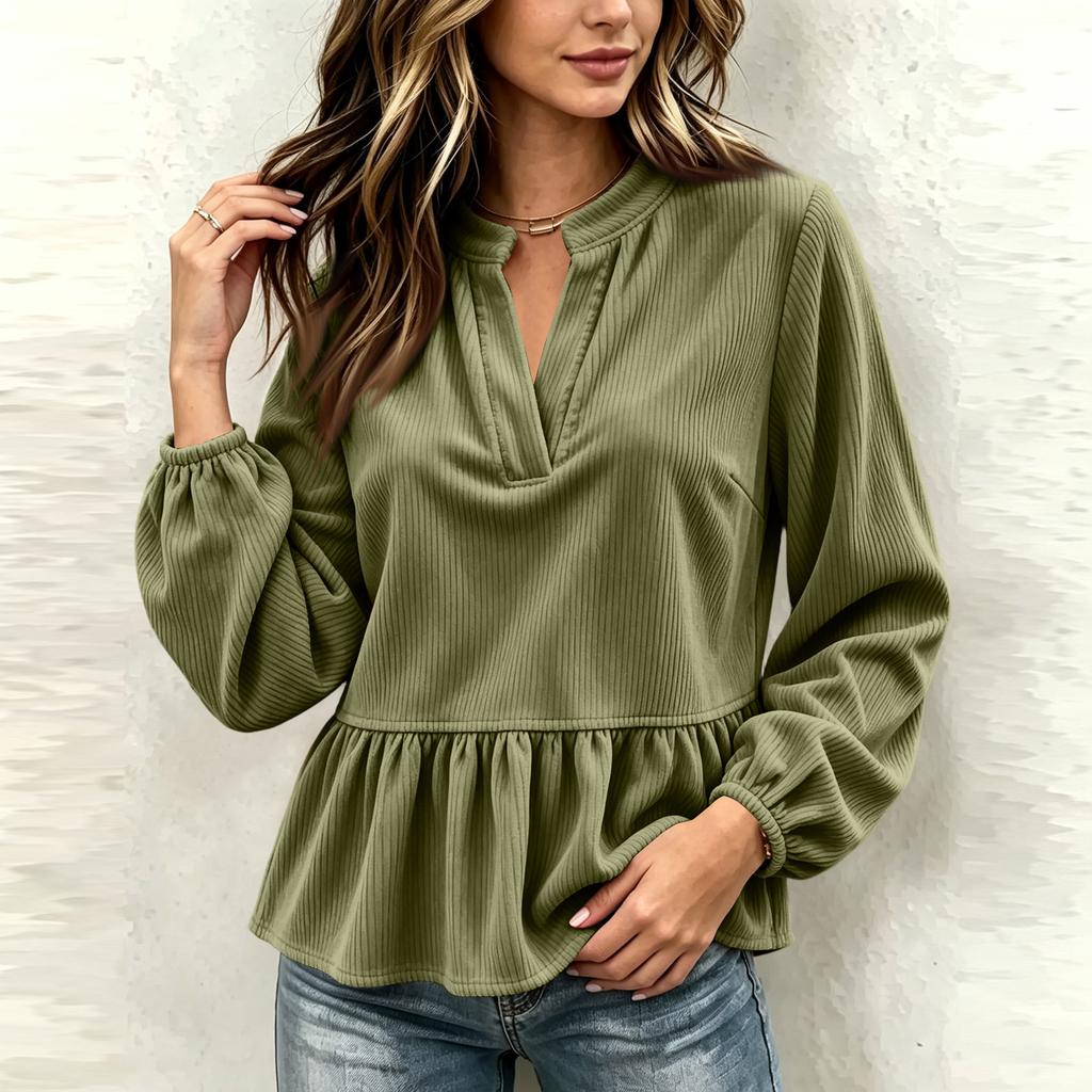 Women's Casual Corduroy V-Neck Ruffle Long Sleeve Top